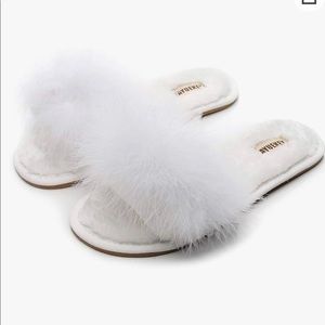 Women’s White Furry Fluffy Open Tie Slippers Size 10 | Slides by FAYUEKEY